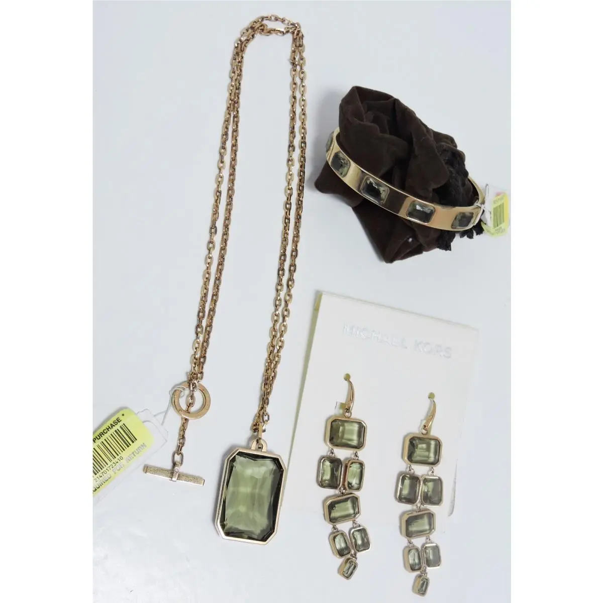 Michael Kors Parisian Green Jewels Rose Gold Tone Necklace Earrings Bracelet