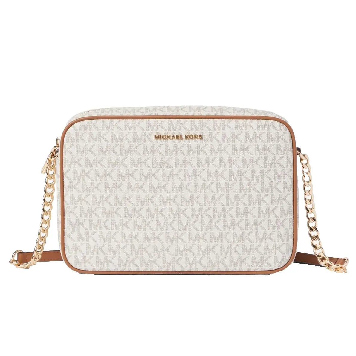 Michael Kors Woman`s Signature Logo Small Crossbody Bag Vanilla 35F8GTTC3B - Handle/Strap: Brown, Hardware: Gold, Exterior: Vanilla