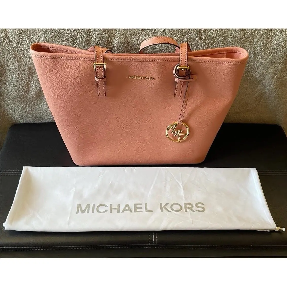 Michael Kors Jet Set Travel Medium Leather Tote Purse Peach Coral Dust Bag