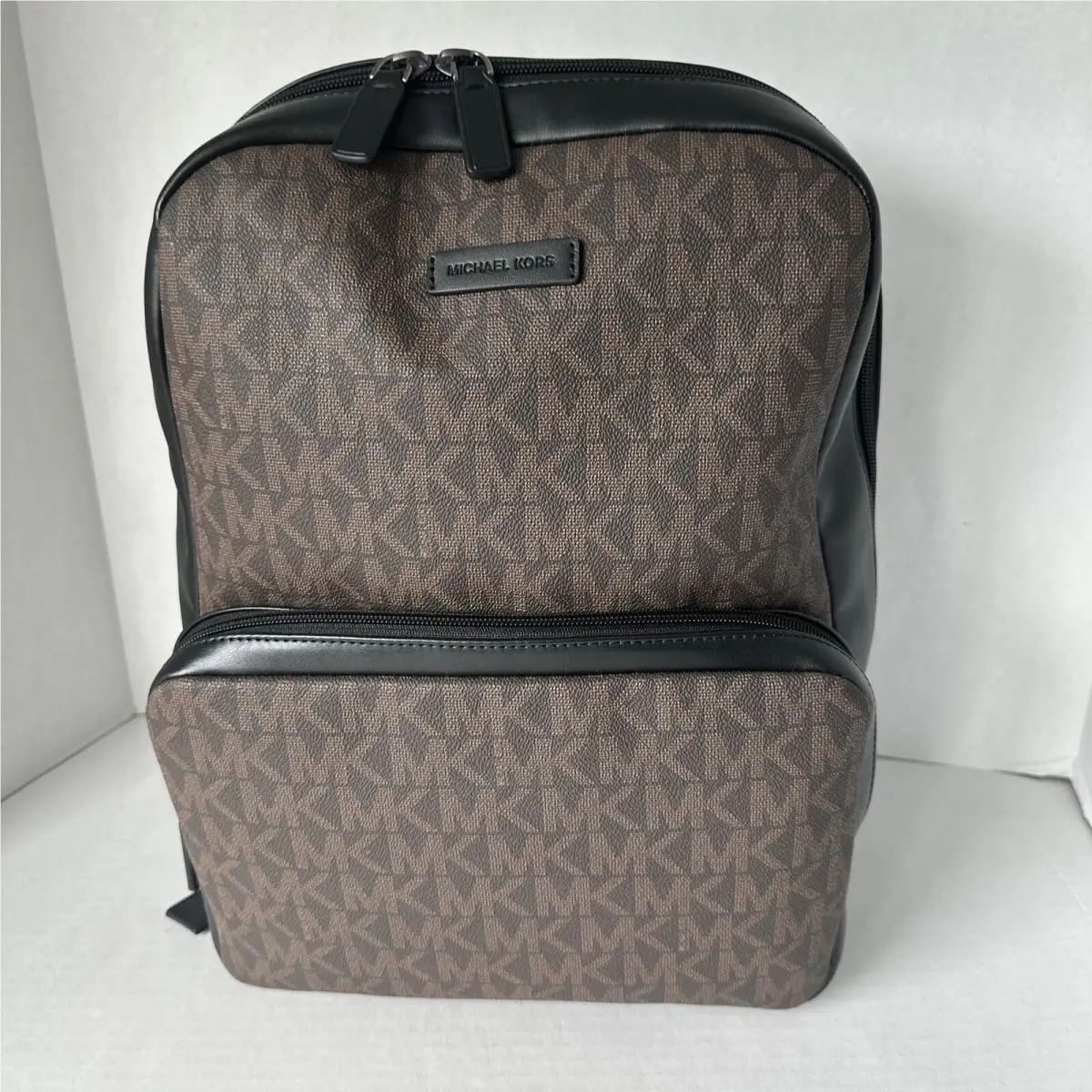 Michael Kors Everett Front Pocket Brown MK Logo Black Leather Backpack