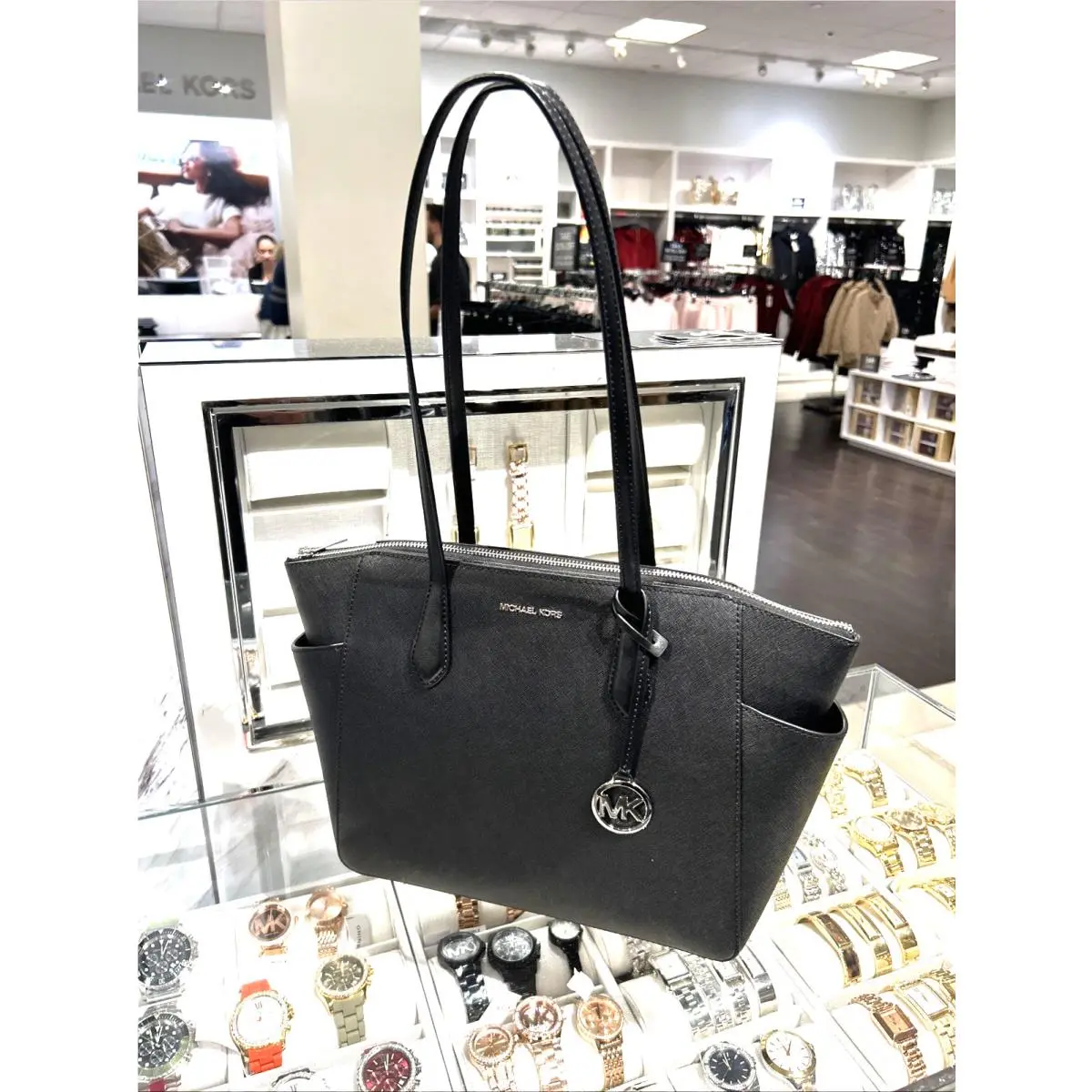 Michael Kors Marilyn Medium Large Zip Tote Shoulder Bag Black Leather Silver