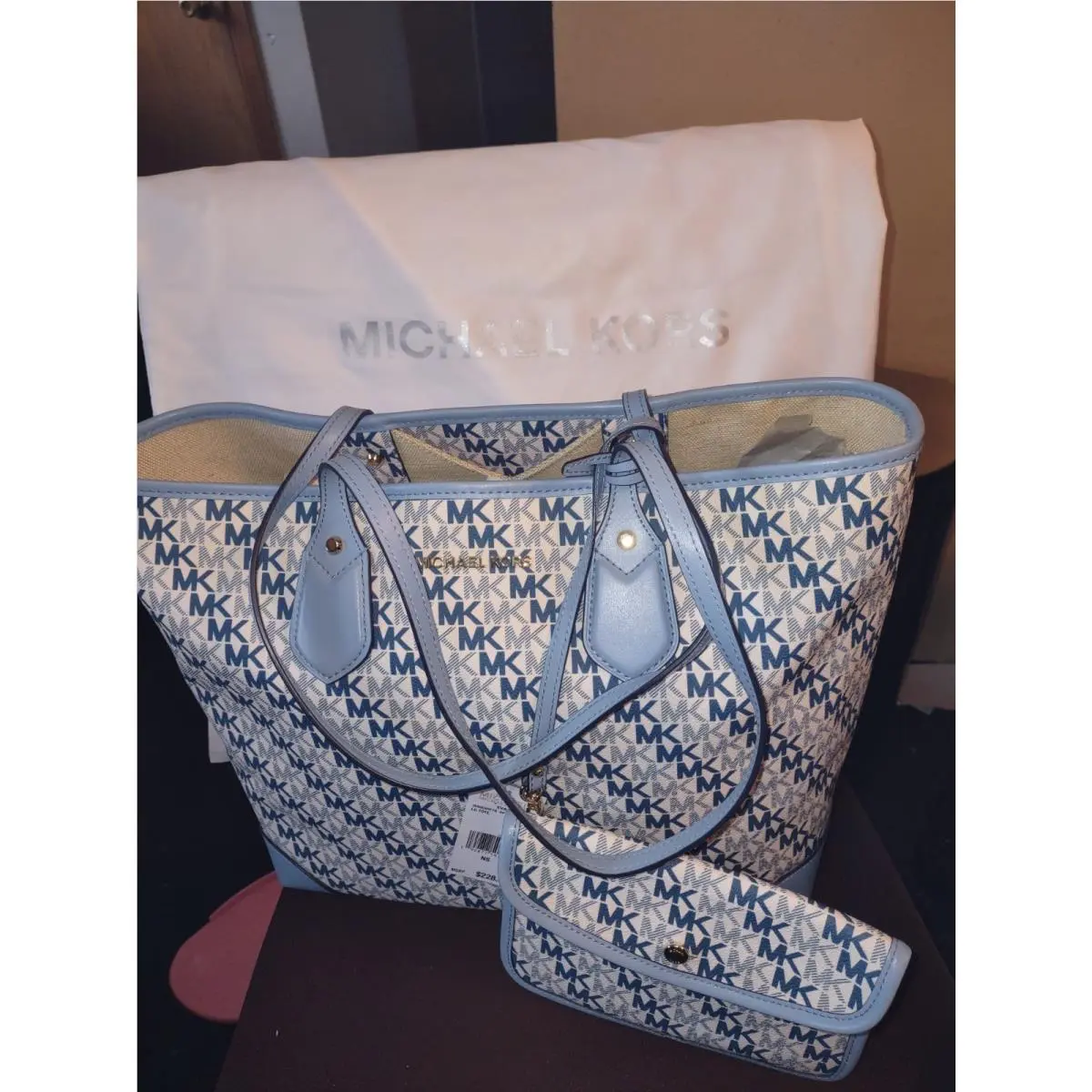 Eva Large Tote Monogram Blue/white with Pouch Inner Pockets by Michael Kors