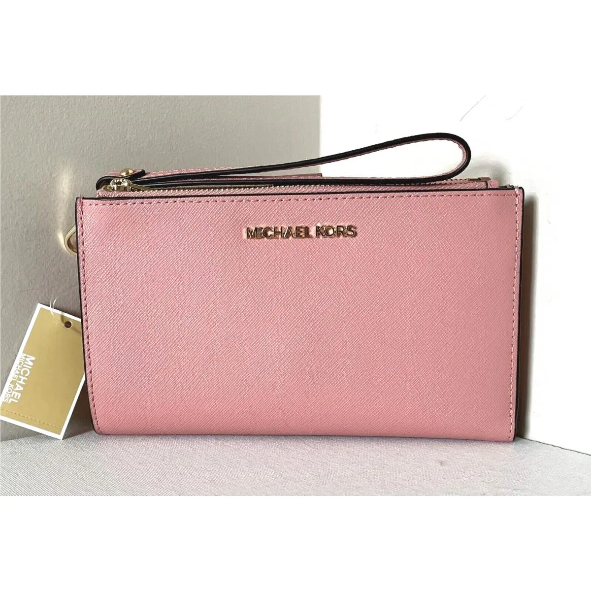 Michael Kors Jet Set Travel Double Zip Wristlet Wallet Leather Primrose