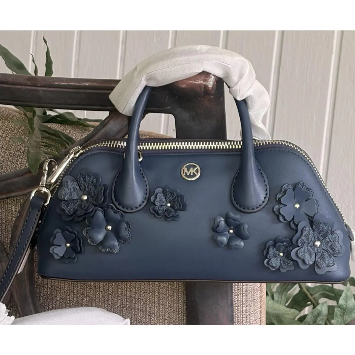 Michael Kors Petra Small Crossbody Floral Messenger Satchel Bag MK Navy Blue