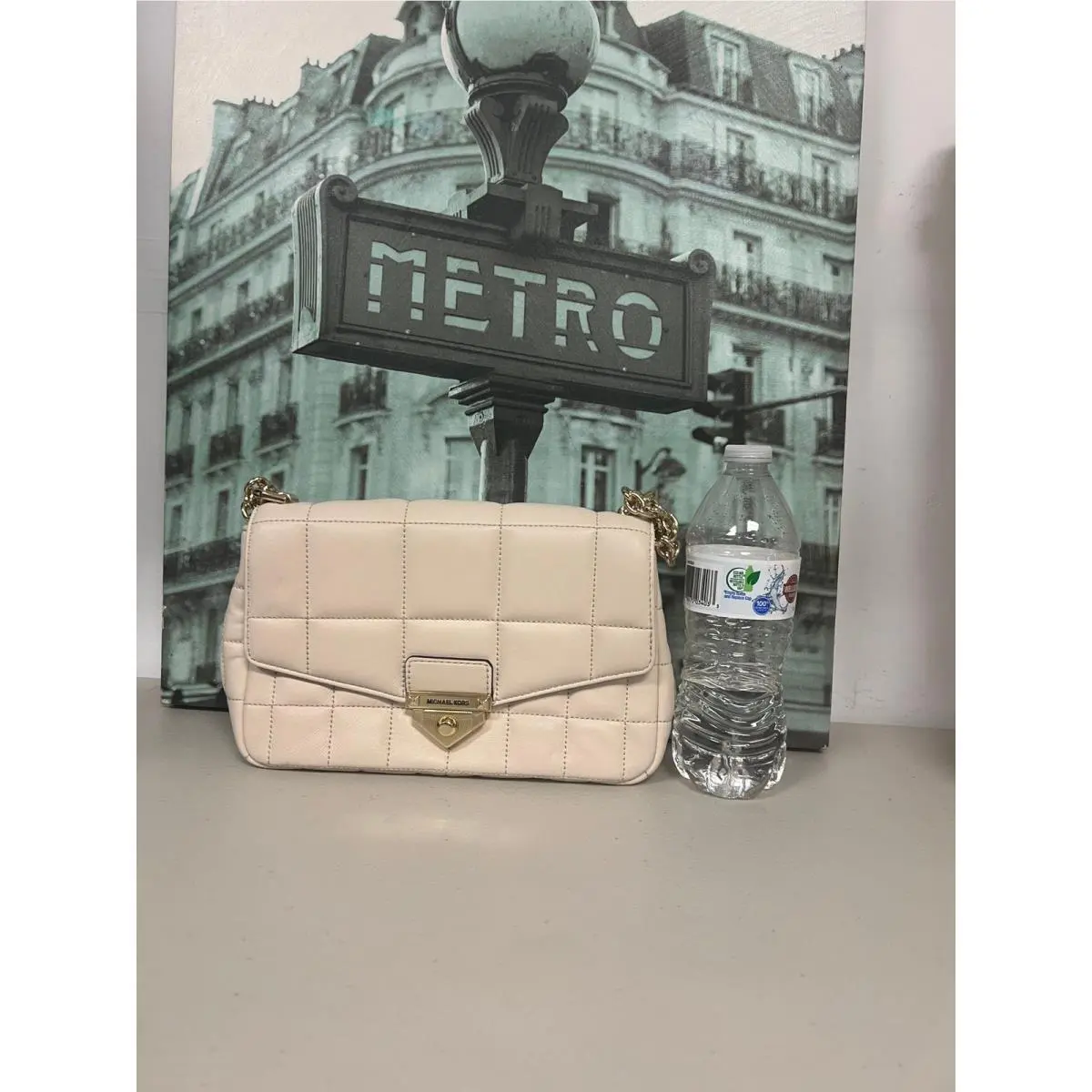 Michael Kors MK Soho 30F0L1SL3L Light Cream Quilt Gold Chain Shoulder Bag