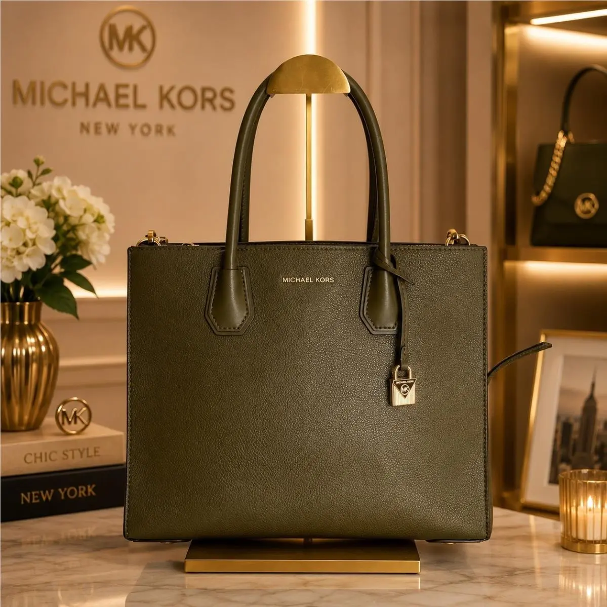 Mercer Large Convertible Tote Purse Bag in Olive Green Color by Michael Kors