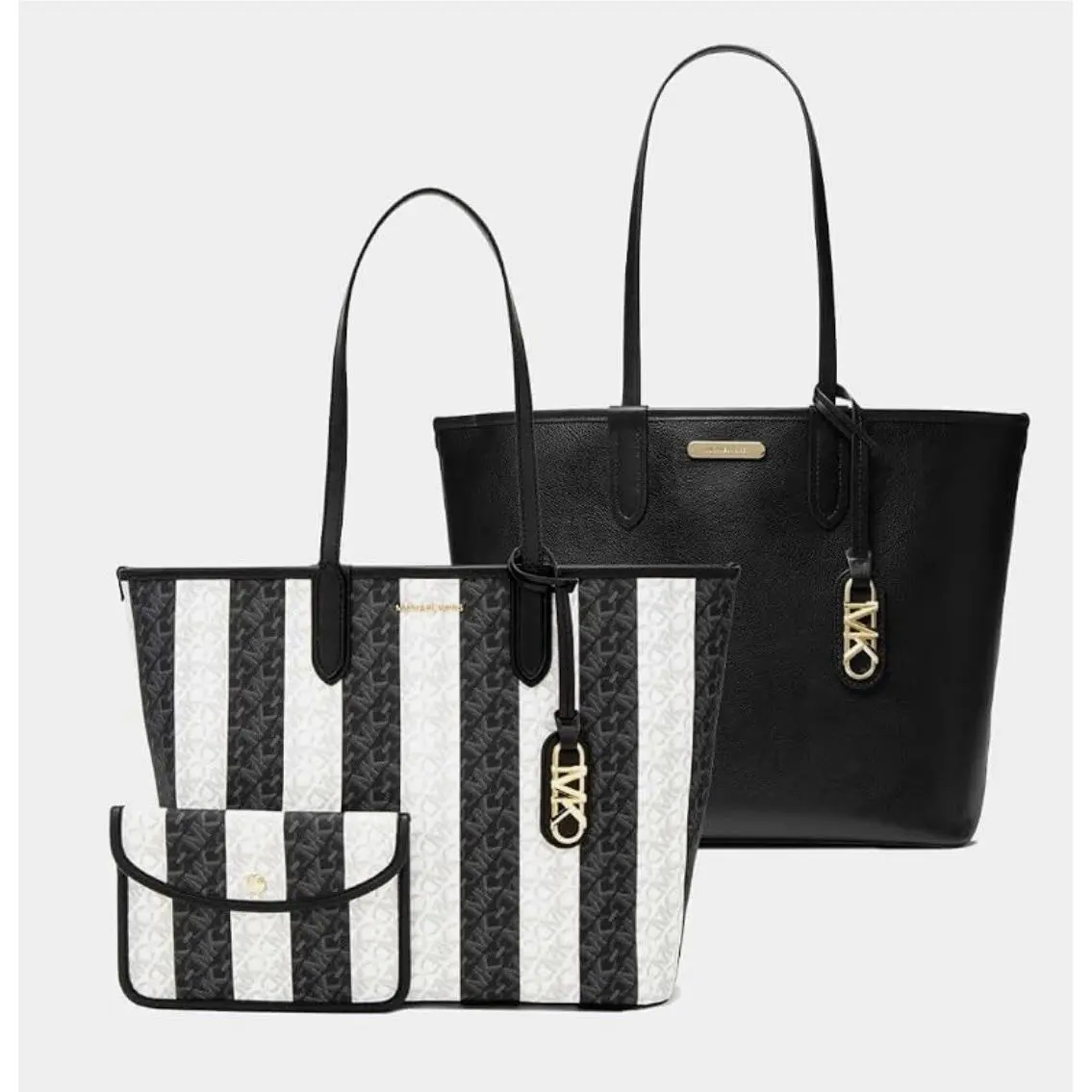 Michael Kors Striped Eliza Logo X Large East West Reversible Tote Black Optic