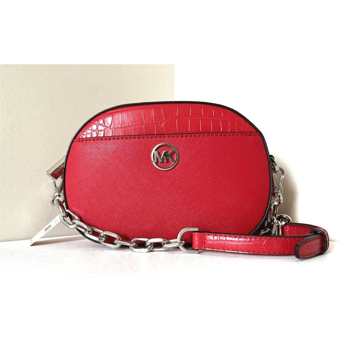 Michael Kors Jet Set Glam Croc Small Oval Crossbody Bag Bright Red /dust Bag