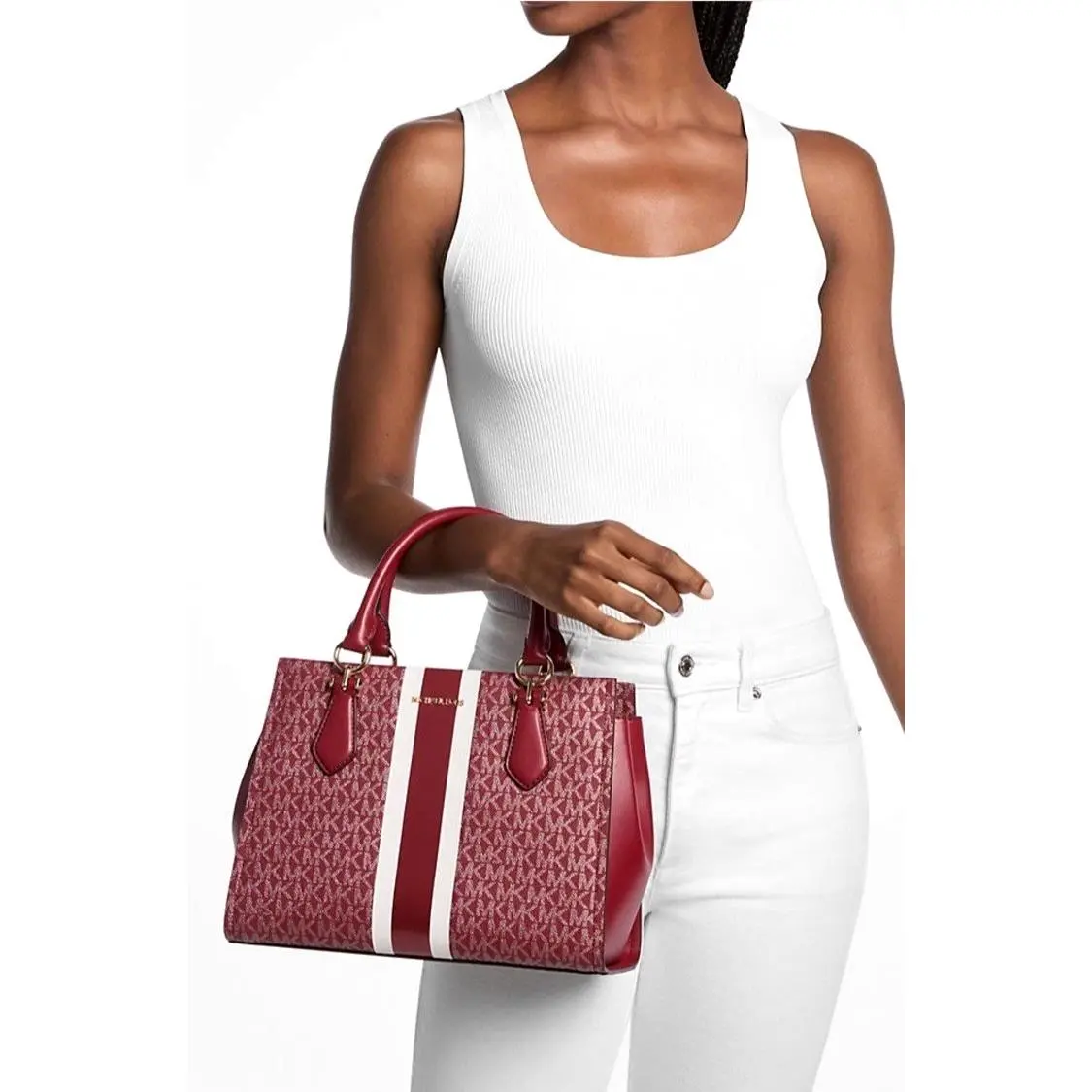 Michael Kors Marilyn Medium Signature Logo Stripe Satchel Bag Cherry Multi
