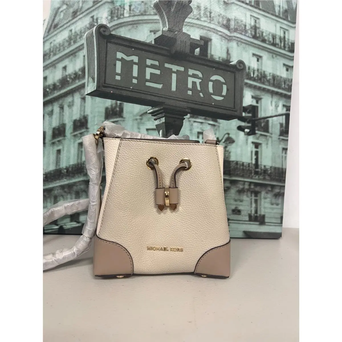 Michael Kors MK Mercer Gallery XS Bucket Bag 32S0GZ5C0T Sand Multi Leather Crossbody