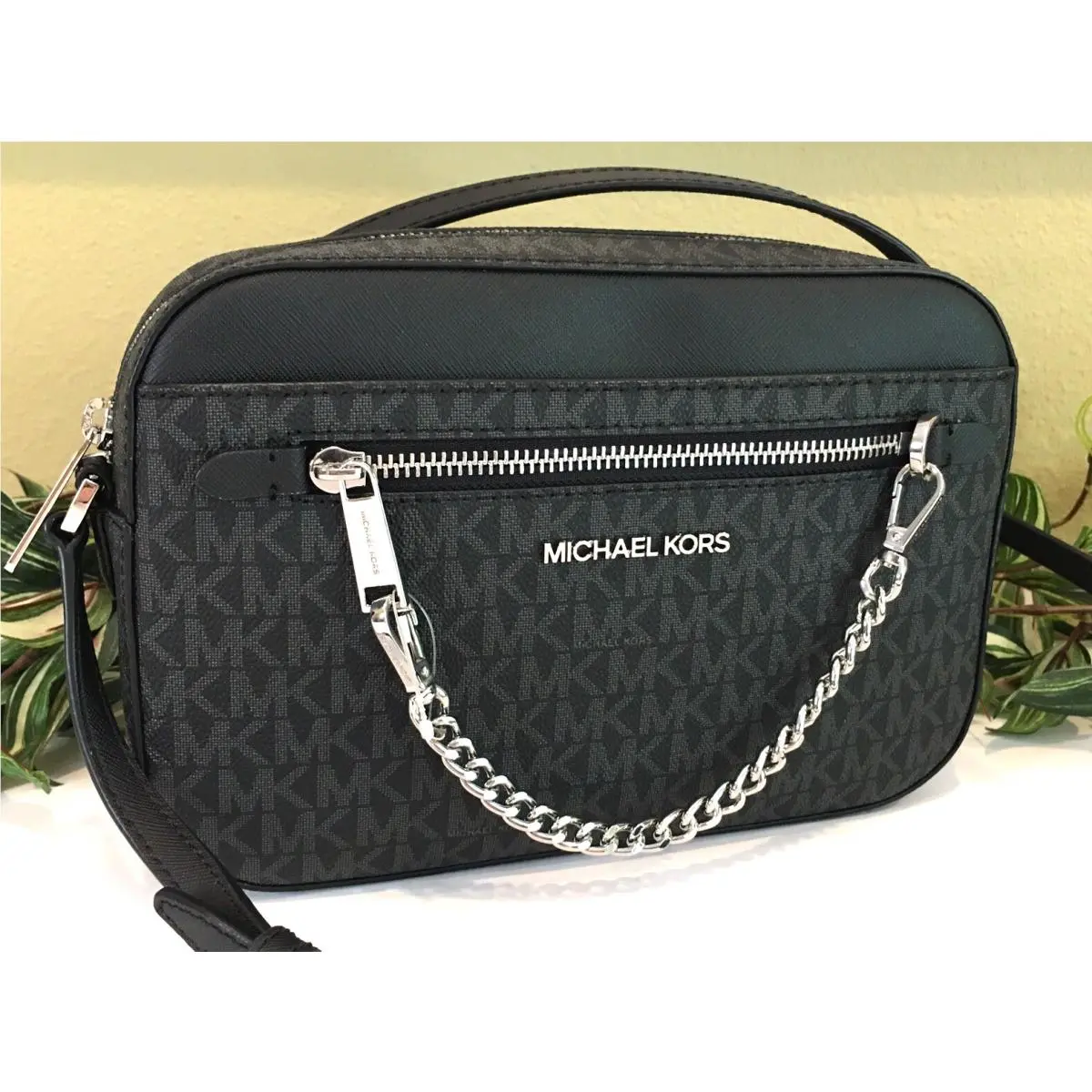 Michael Kors Jet Set Large Medium Zip Chain Crossbody Bag Black MK Logo Silver