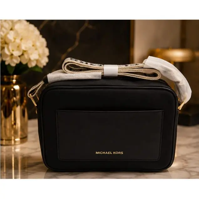 Michael Kors Jet Set Black Leather Crossbody Camera Bag Gold Hardware