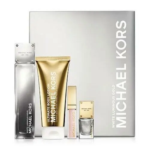 White Luminous Gold Michael Kors 4pc Set 3.4 Edp Lip Luster Polish B. Lotion