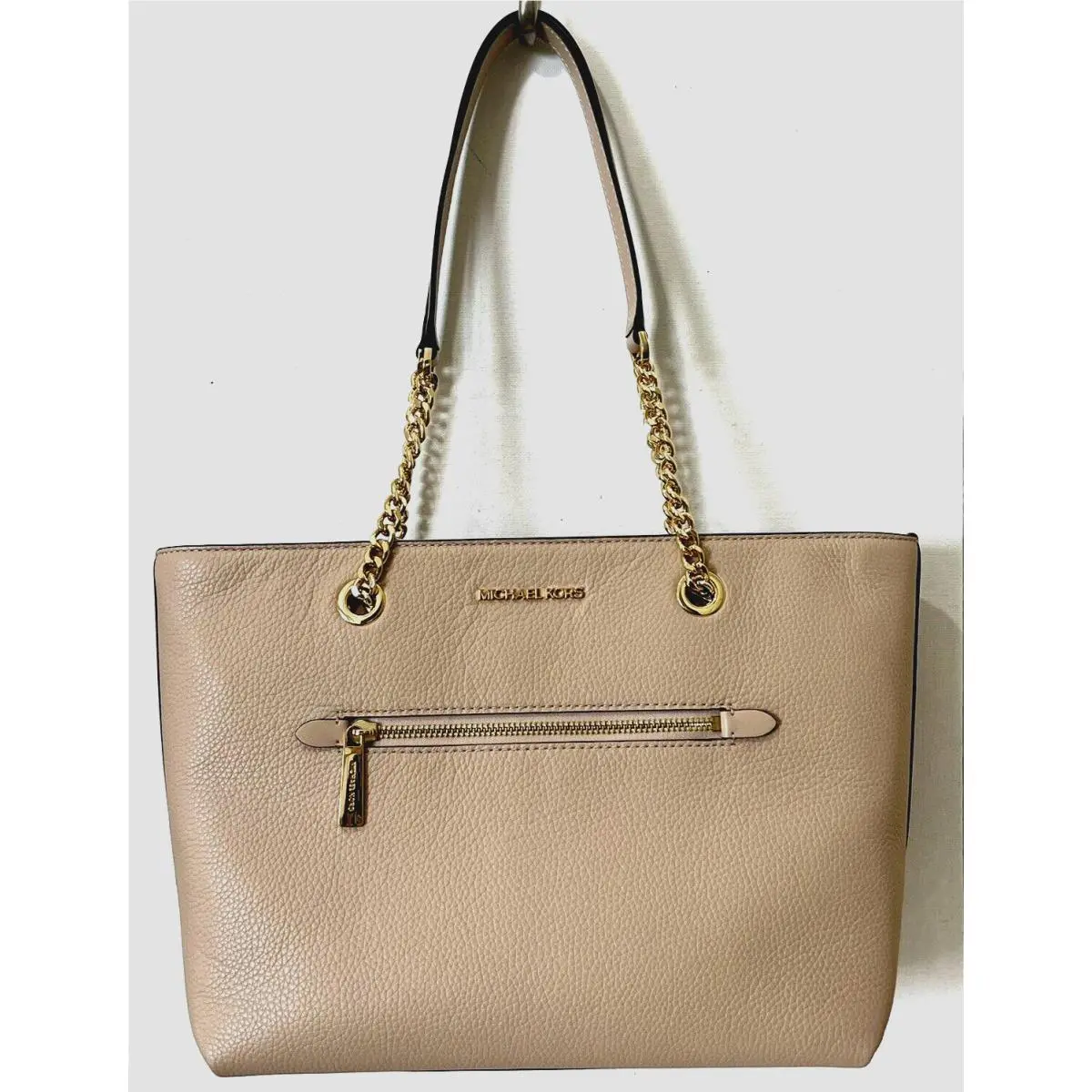 Michael Kors Jet Set Medium Front Zip Chain Tote Leather Buff