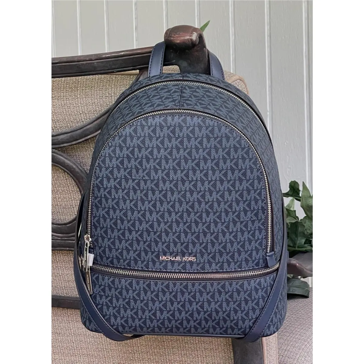 Rhea Medium Zip Backpack MK Navy Blue Bag Travel Tote Logo Silver by Michael Kors