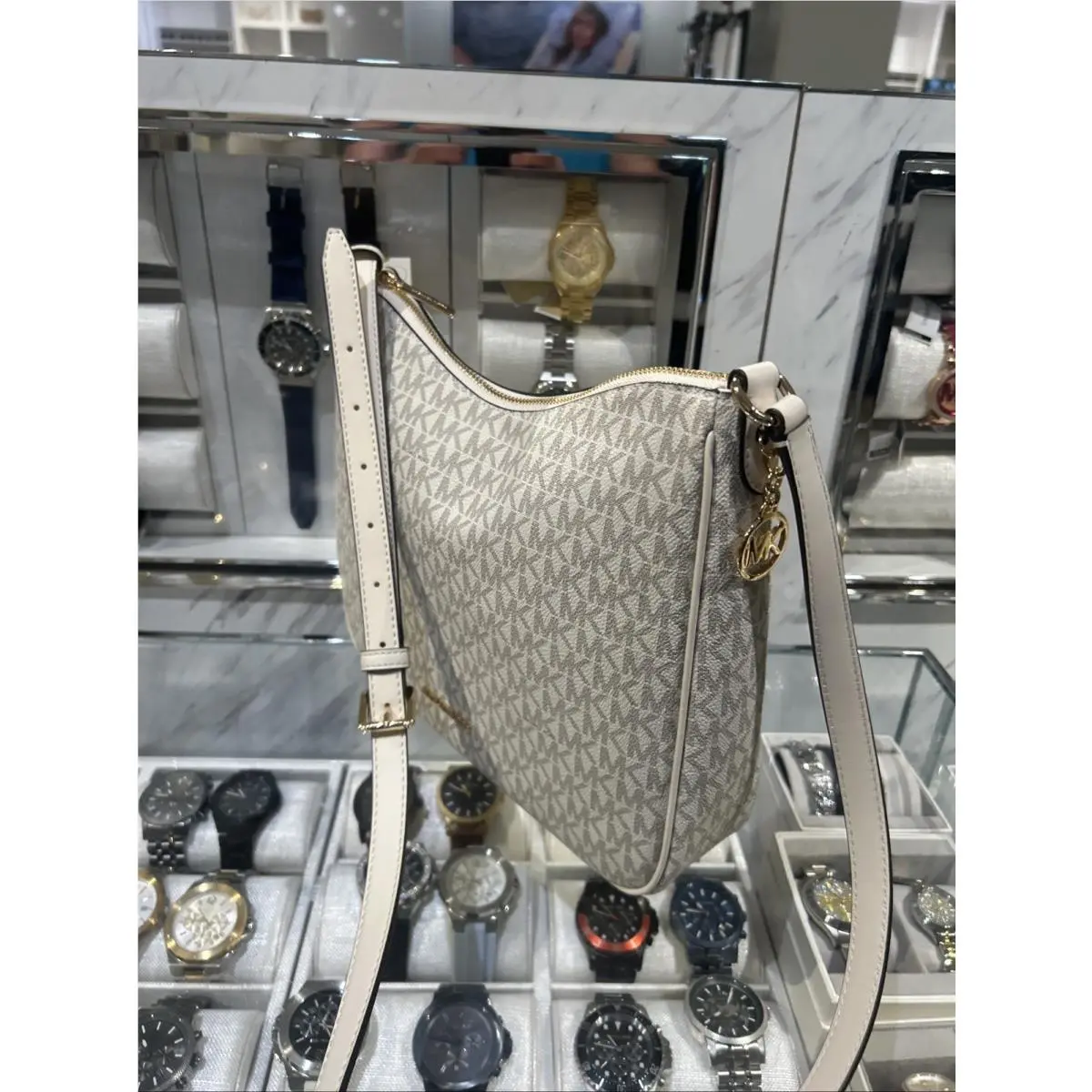 Nayla Medium Zip Messenger Crossbody Bag Tote Purse MK Cream Gold by Michael Kors