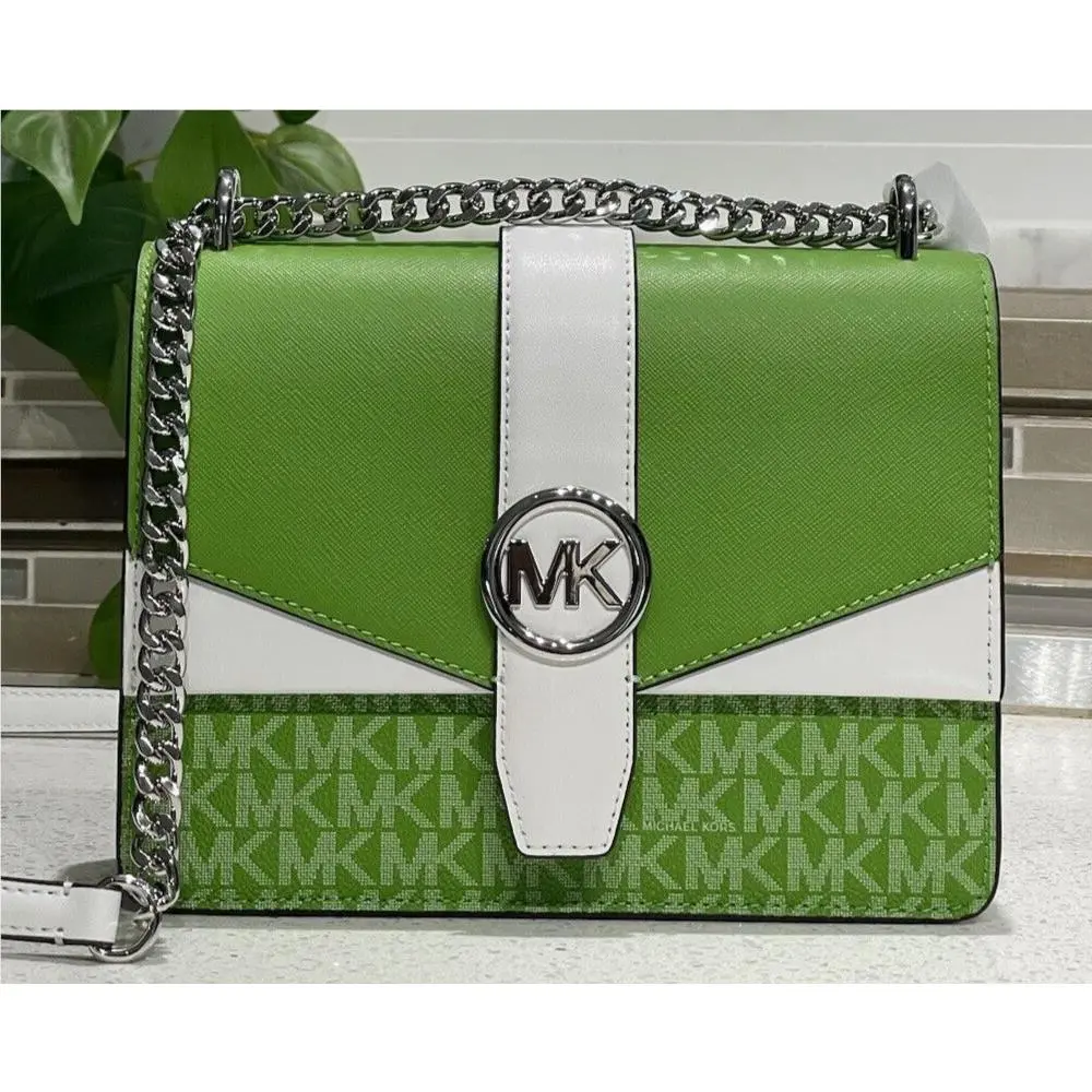 Michael Kors Greenwich Small Flap Crossbody MK Chain Bag Tote Jungle Green Logo