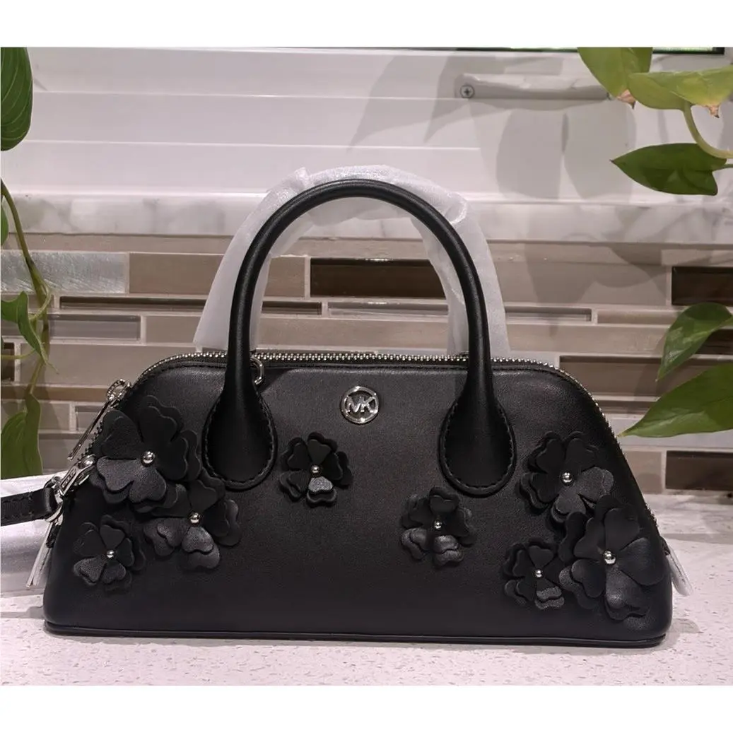 Michael Kors Petra Small Crossbody Floral Messenger Satchel Bag MK Black Silver
