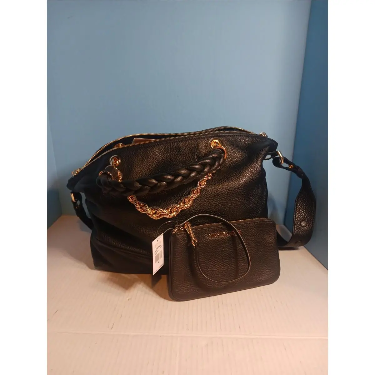 Michael Kors Black Tote Leather Shoulder Bag Gold Chain Strap MK Wristlet Nwt