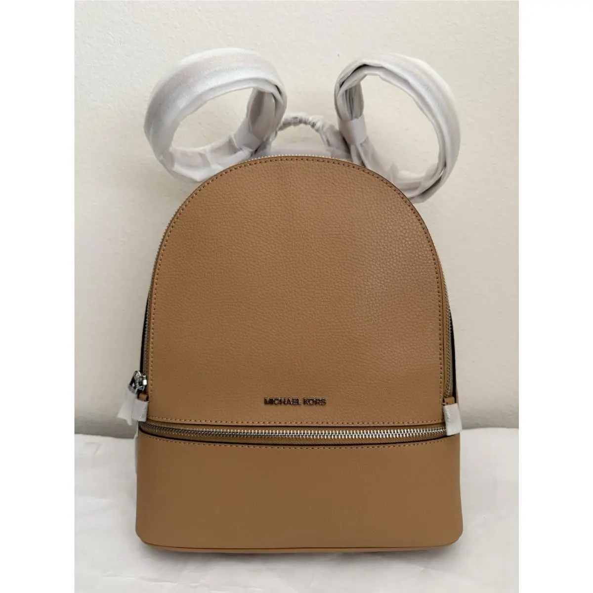 Michael Kors Rhea Medium Zip Pebbled Leather Backpack Peanut