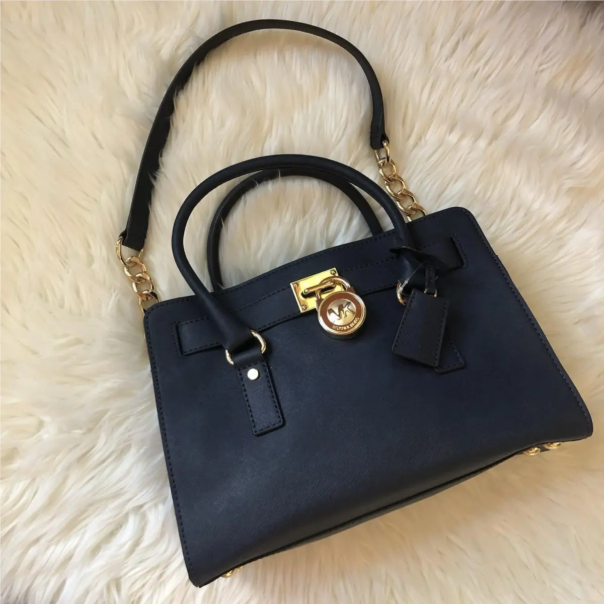Michael Kors Leather Handbag Navy Hamilton EW Medium Purse Satchel