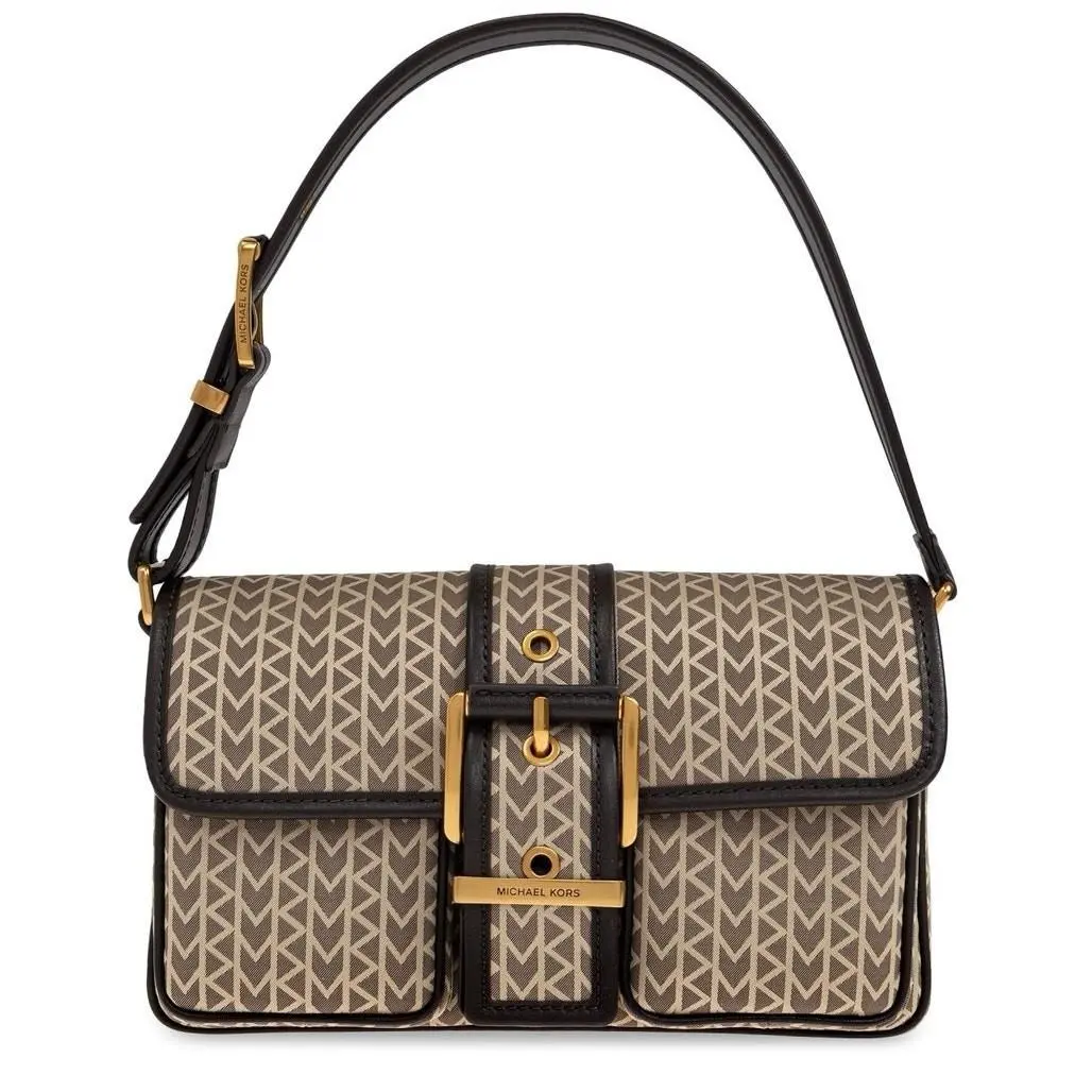 Michael Kors Colby Small Leather Shoulder Bag Natural Gold Buckle Flap Purse