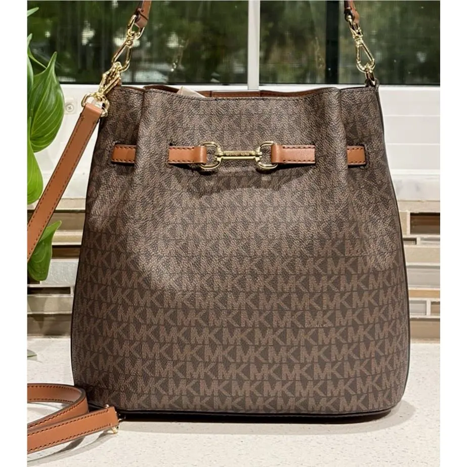 Carson Medium Bucket Brown MK Logo Shoulder Crossbody Bag Tote Gold by Michael Kors