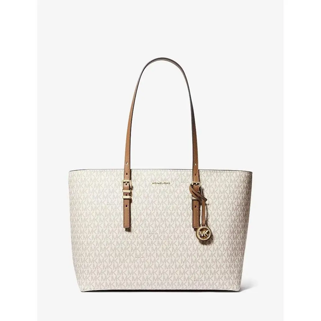 Michael Kors Quinn Large Top Zip Tote Bag Vanilla/acorn w Charm