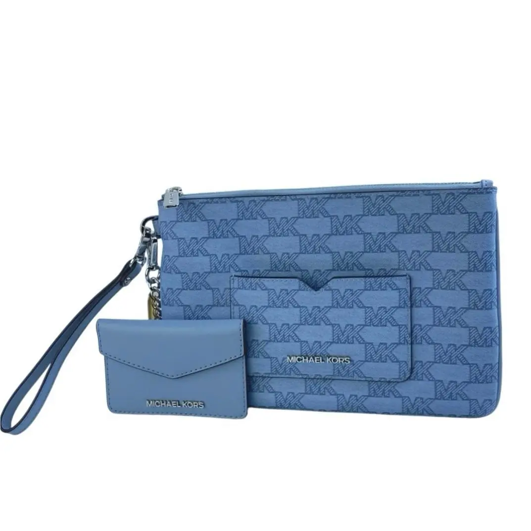 Jet Blue MK Signature 2 In 1 Card Case Wristlet Clutch Bag by Michael Kors