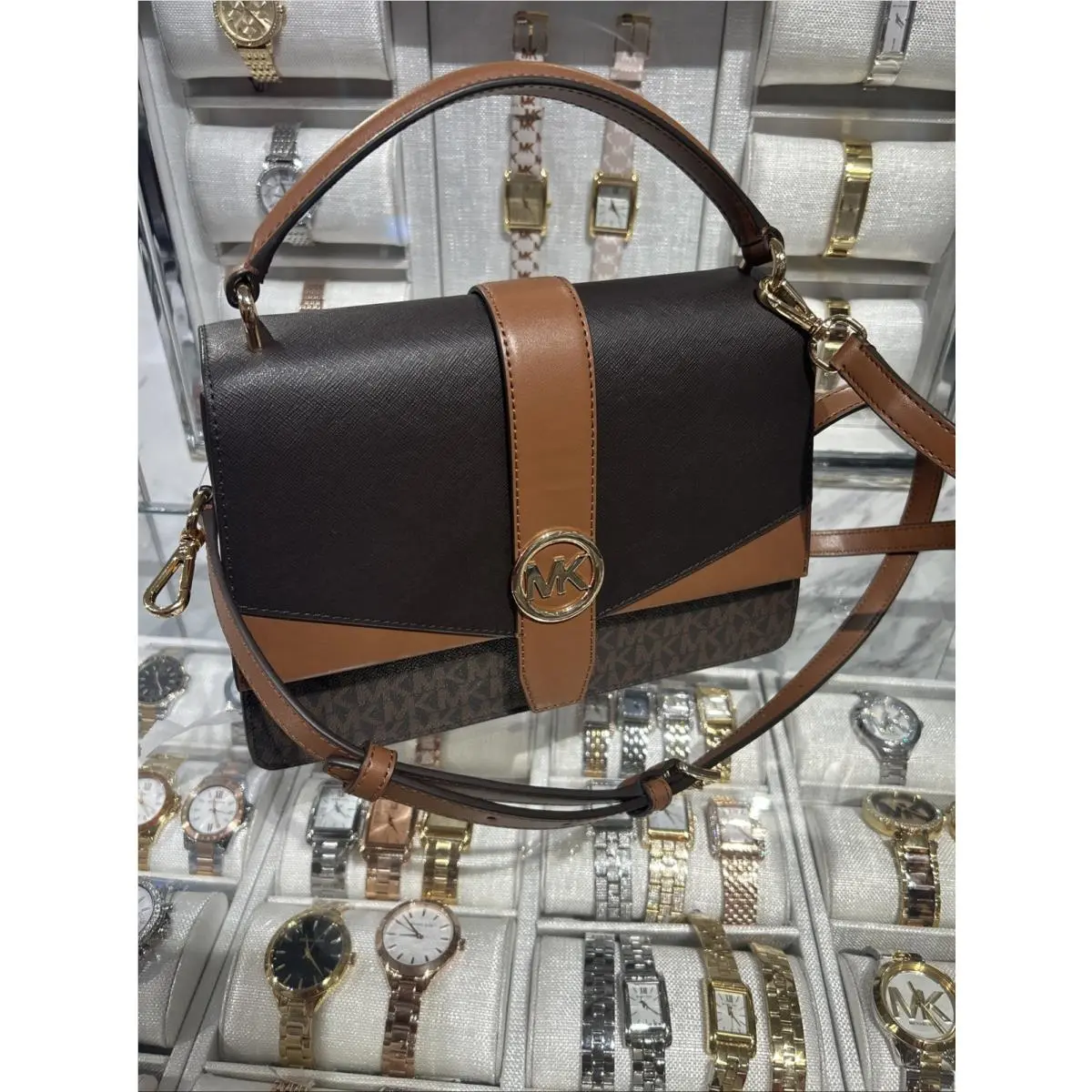 Michael Kors Greenwich Handbag Medium Satchel Shoulder Bag Brown Purse Crossbody
