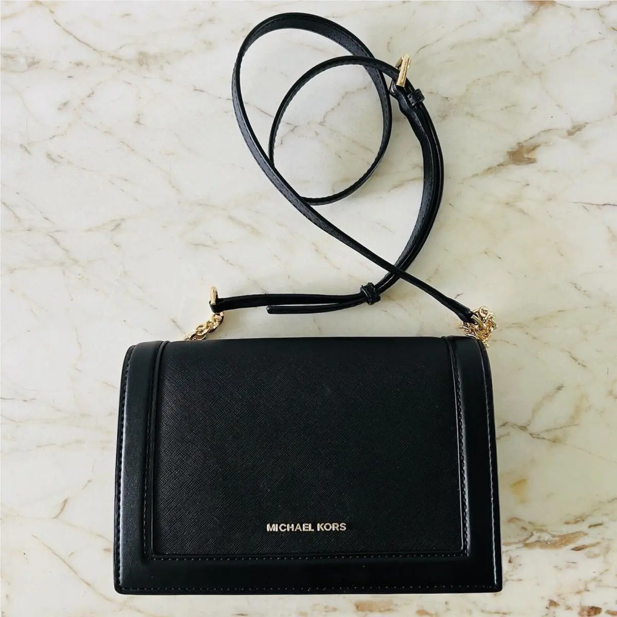 Michael Kors Jet Set Solid Black Leather Full Flap Chain Crossbody Bag