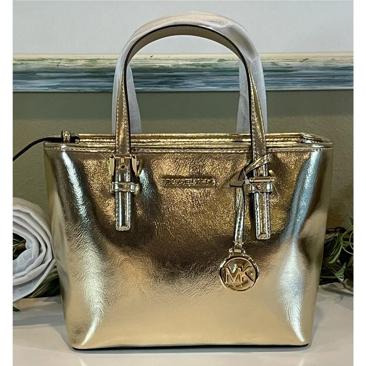 Michael Kors Jet Travel XS Zip Crossbody Tote Pale Gold Bag Messenger Metallic