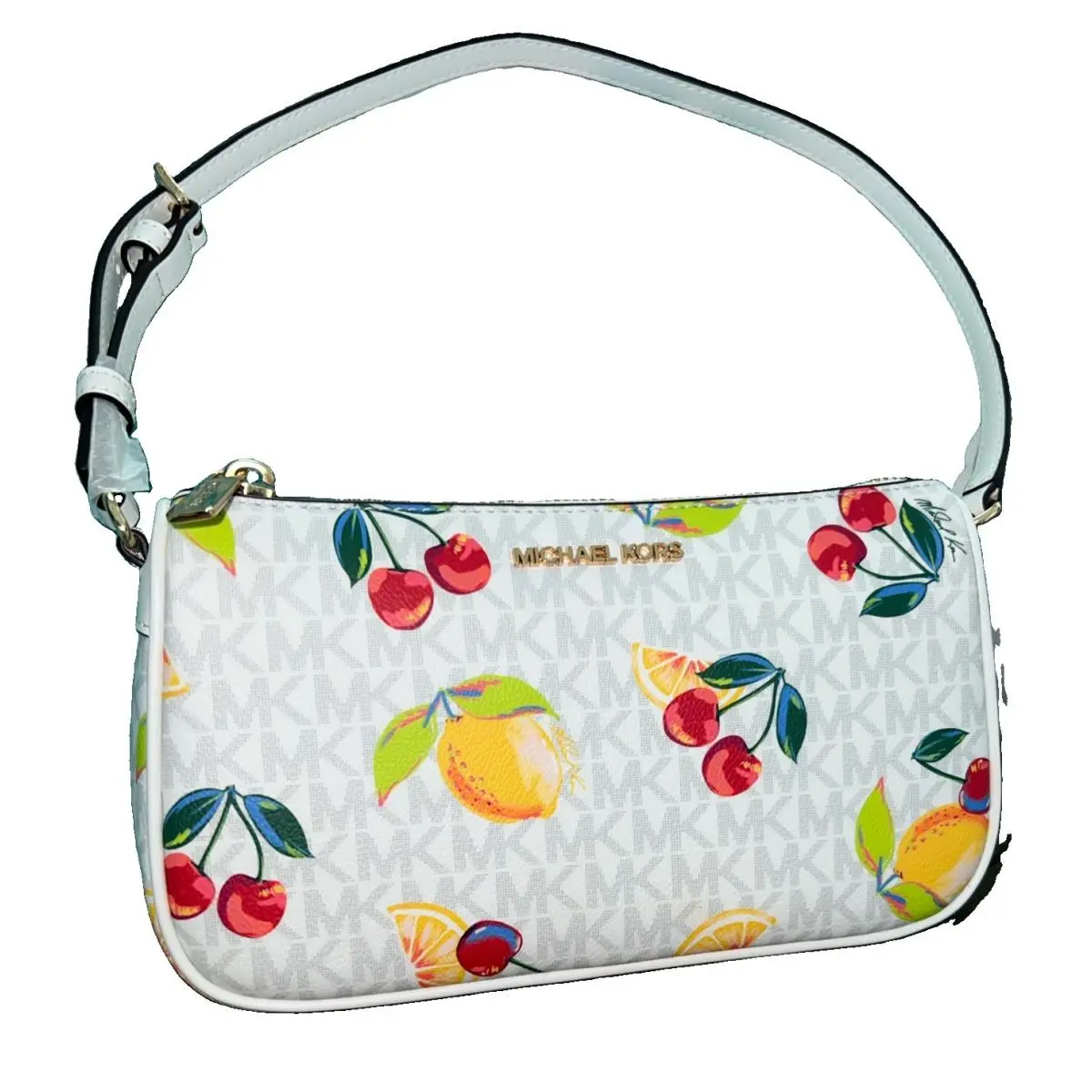 Jet Set Fruit Print MK Logo Medium Pouchette Optic White by Michael Kors
