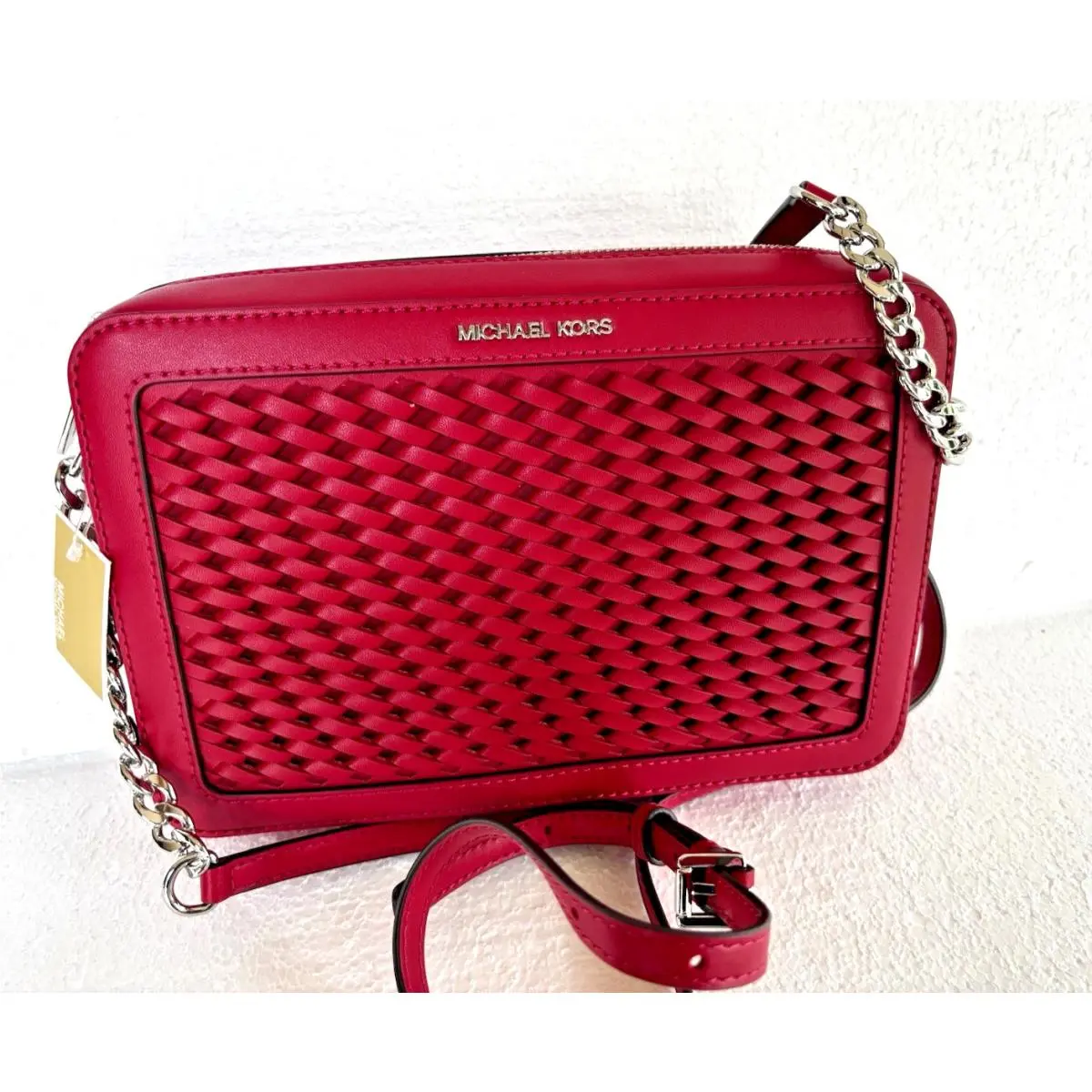 Michael Kors Crossbody Bag Messenger Woven Purse Dark Raspberry Silver
