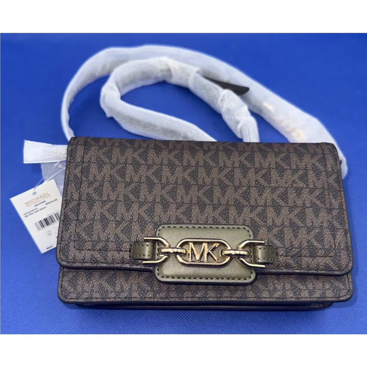 Michael Kors Heather Signature Marigold Crossbody Bag Brown/olive SM Phone Cha