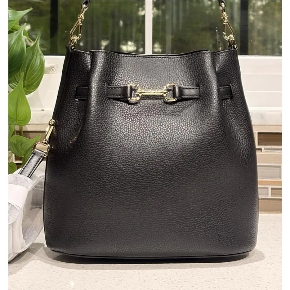 Michael Kors Carson Medium Bucket MK Black Leather Shoulder Crossbody Bag Gold