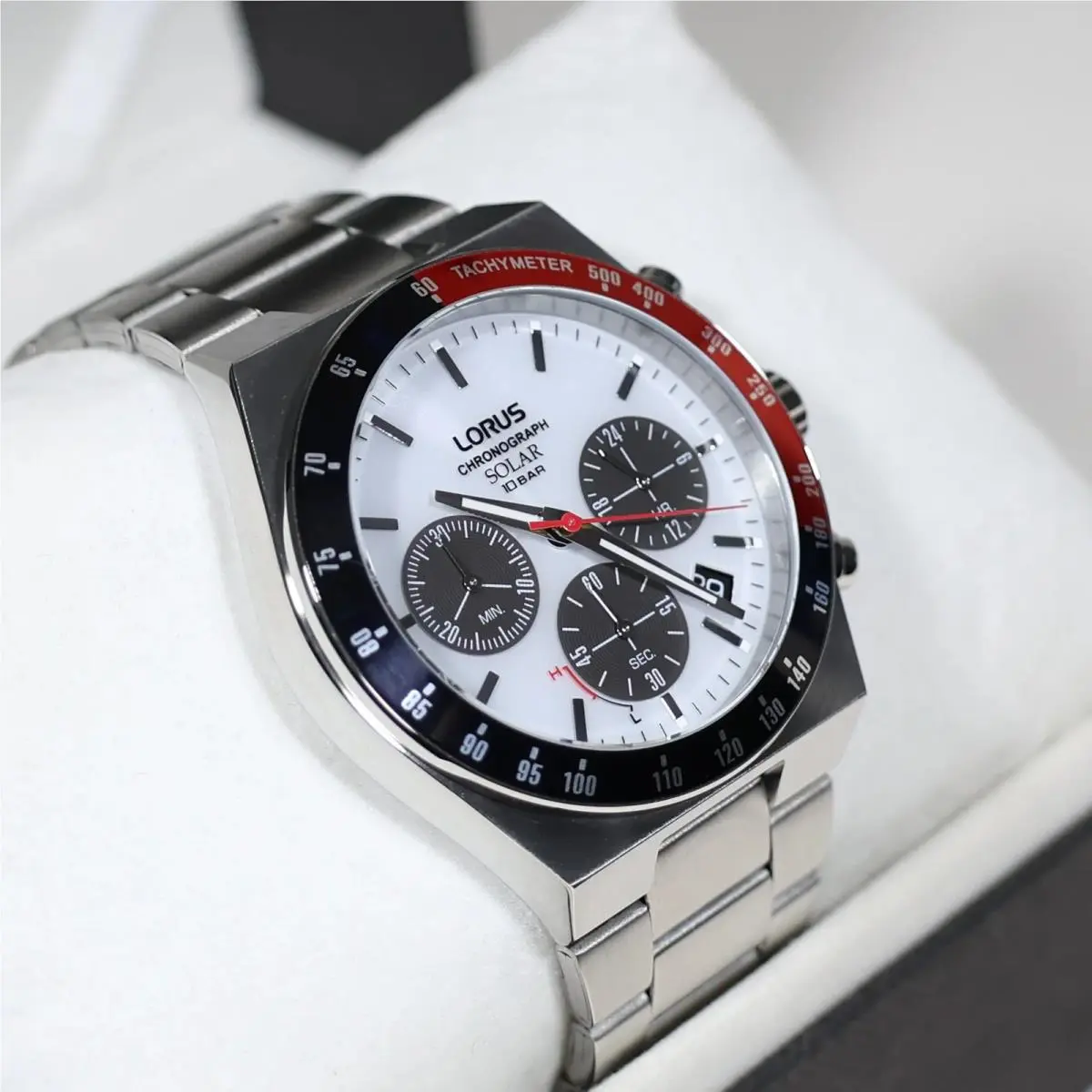 Stainless Steel Solar White Dial Chronograph Men`s Watch RZ527AX9 by Lorus