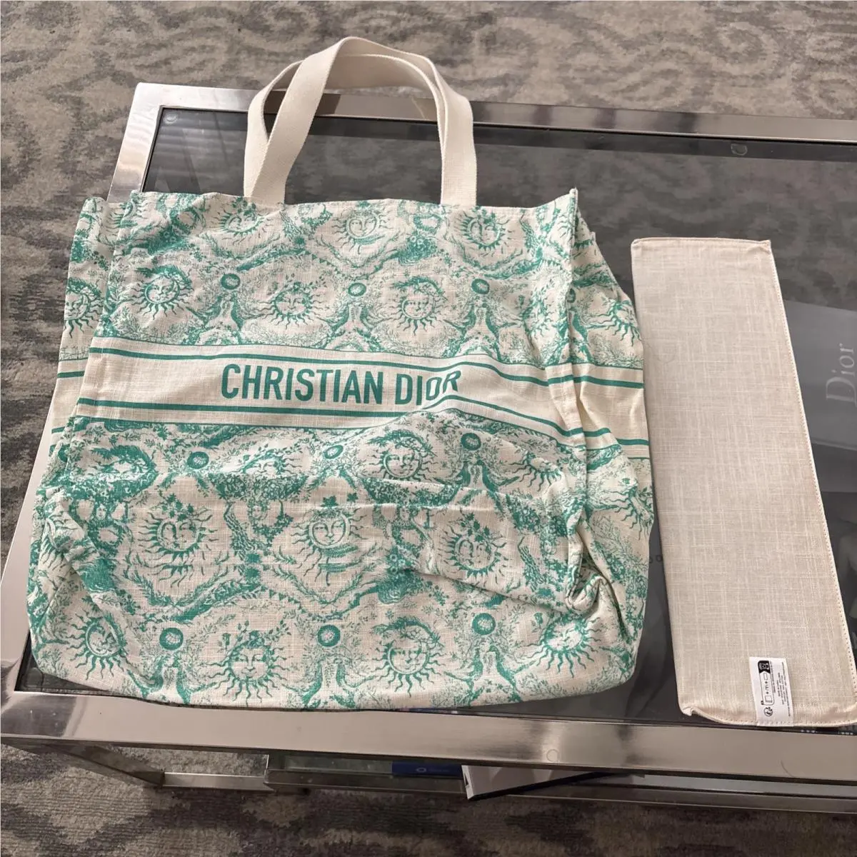 Christian  iviera Large Teal Beige Tote Bag Linen Cotton by Dior
