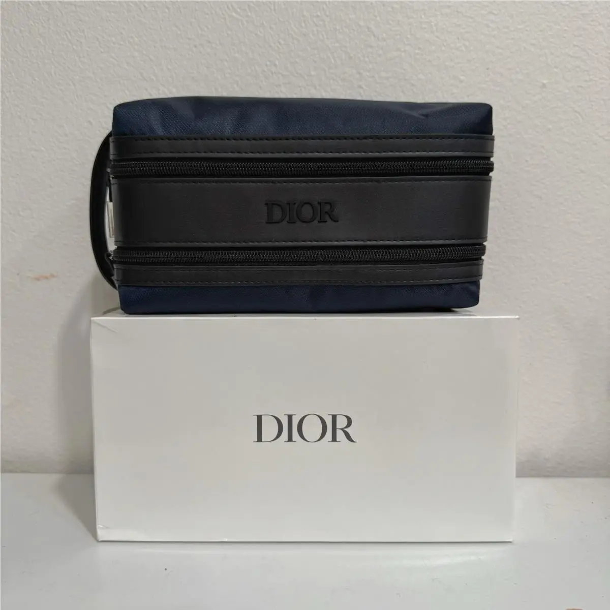 Dior Unisex Navy Blue Black Dual Zipper Pouch Toiletry Makeup Bag
