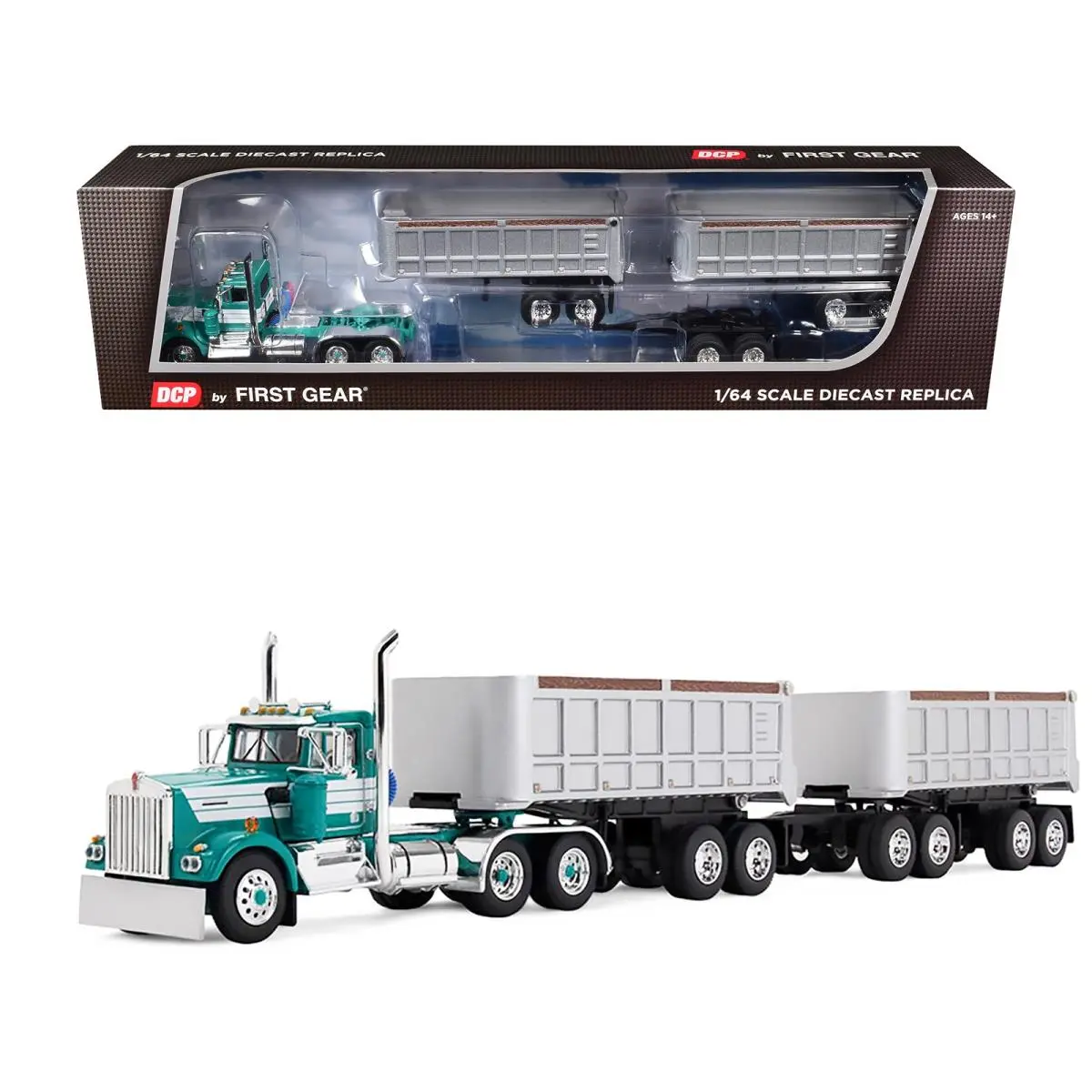 Kenworth W900A Day Cab with 22ft Dual End Dump Trailers Turquoise 1/64