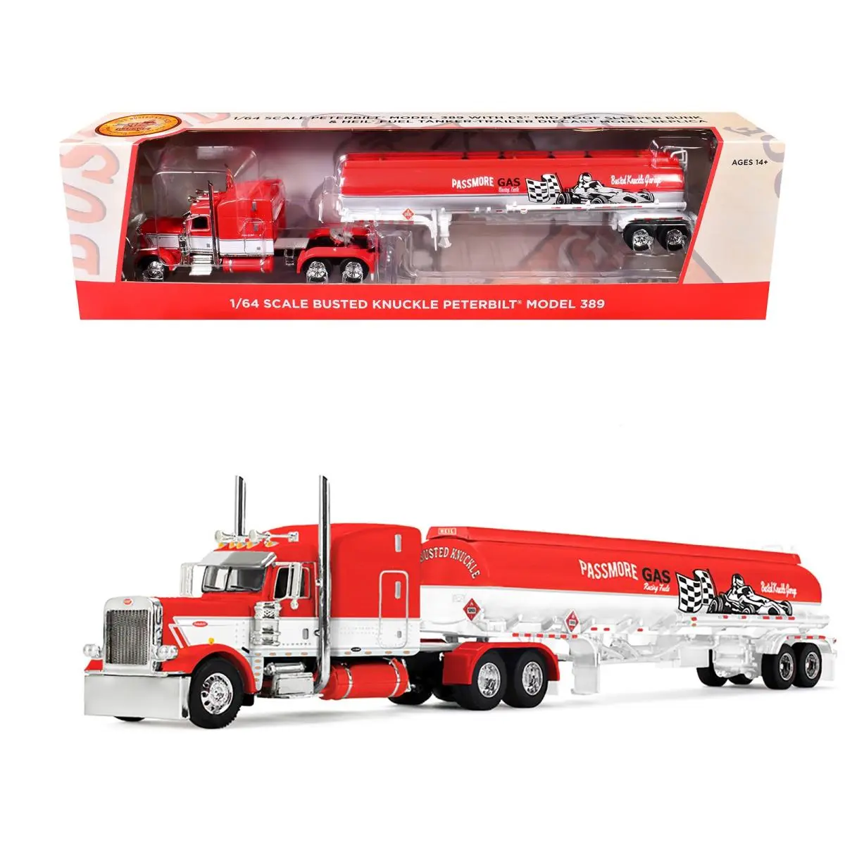 Peterbilt 389 with 63in Mid Roof Sleeper Heil Fuel Tank Trailer Red White 1/64