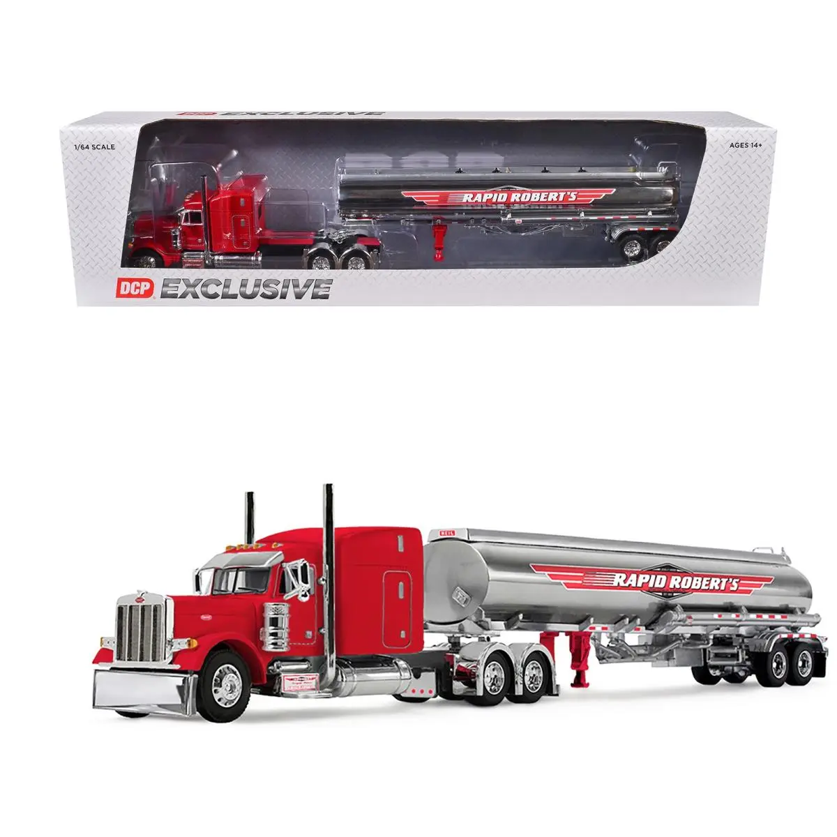 Peterbilt 379 with 63in Mid Roof Sleeper Heil Fuel Tank Trailer Red 1/64