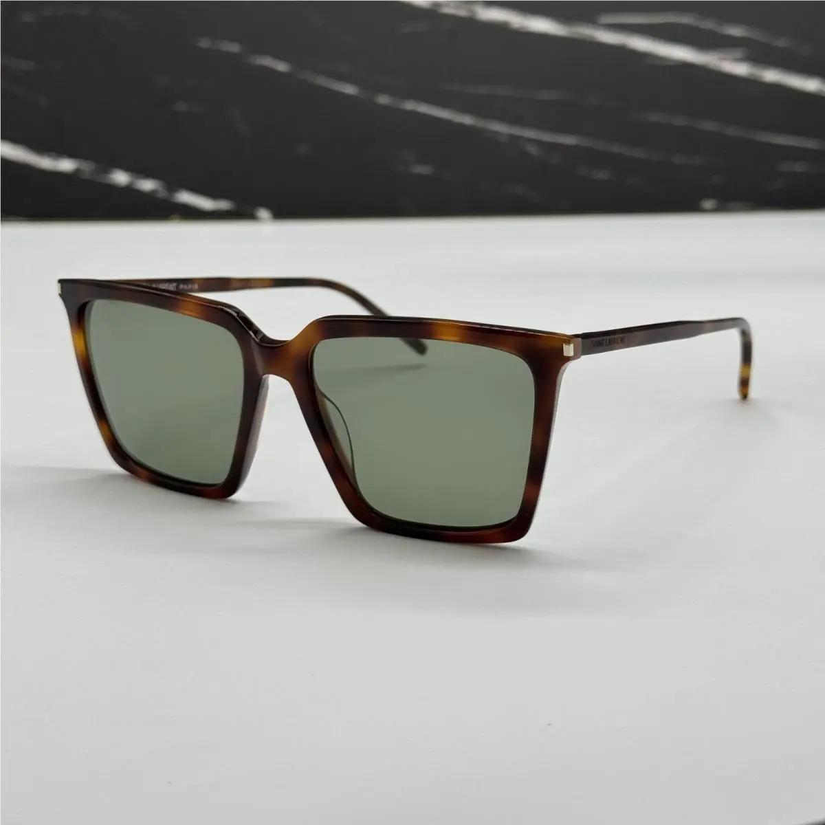 Saint Laurent SL474 002 Havana Green Square Women Sunglasses by Yves Saint Laurent