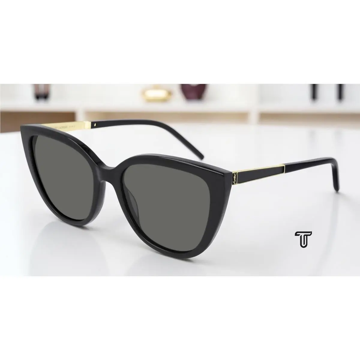 Saint Laurent SL M70 002 Cat Eye Acetate Black Gold Grey 55mm Women`s Sunglasses