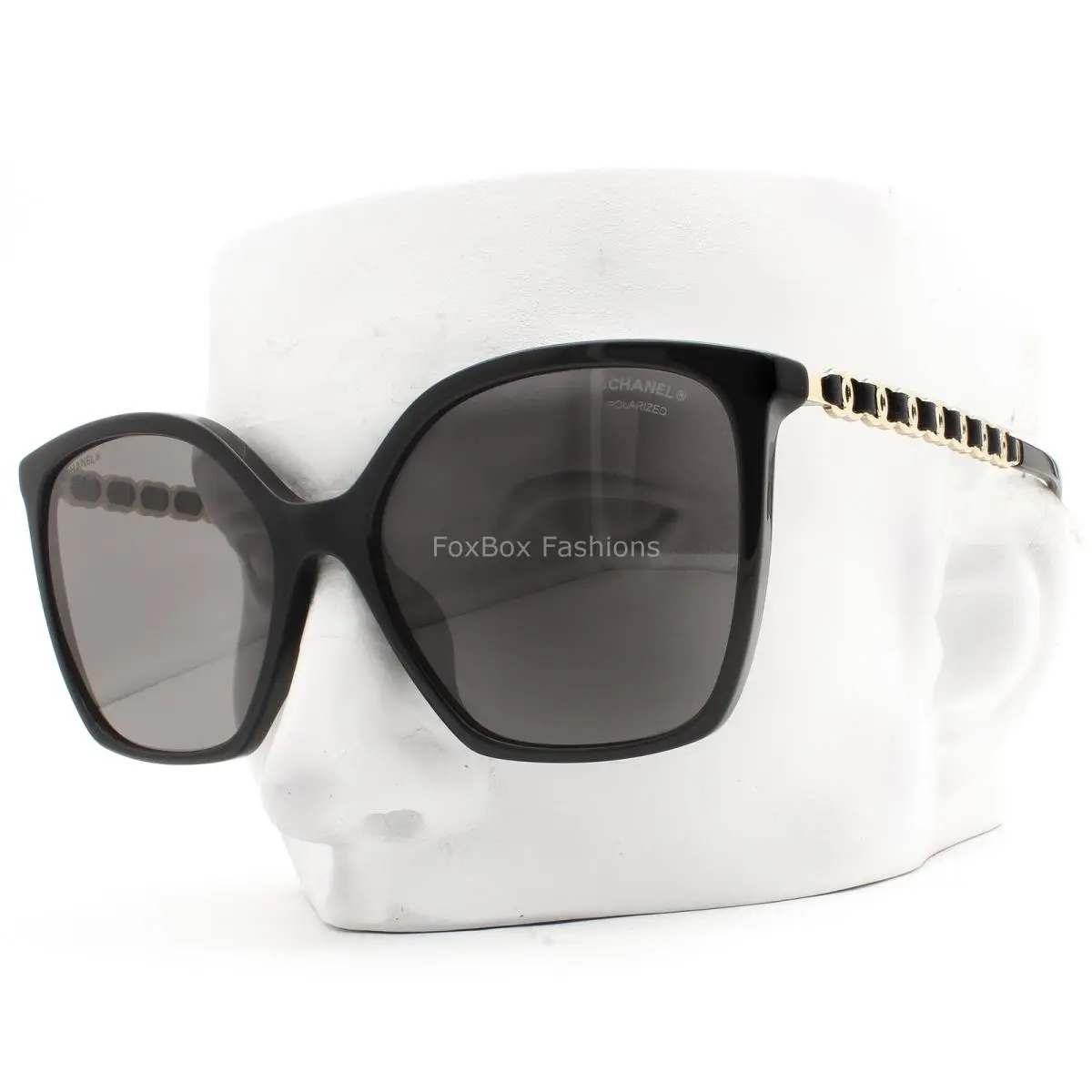 Chanel Sunglasses Black Gold CC Chain Trim Polarized ch5546QA 622/T8 W/case