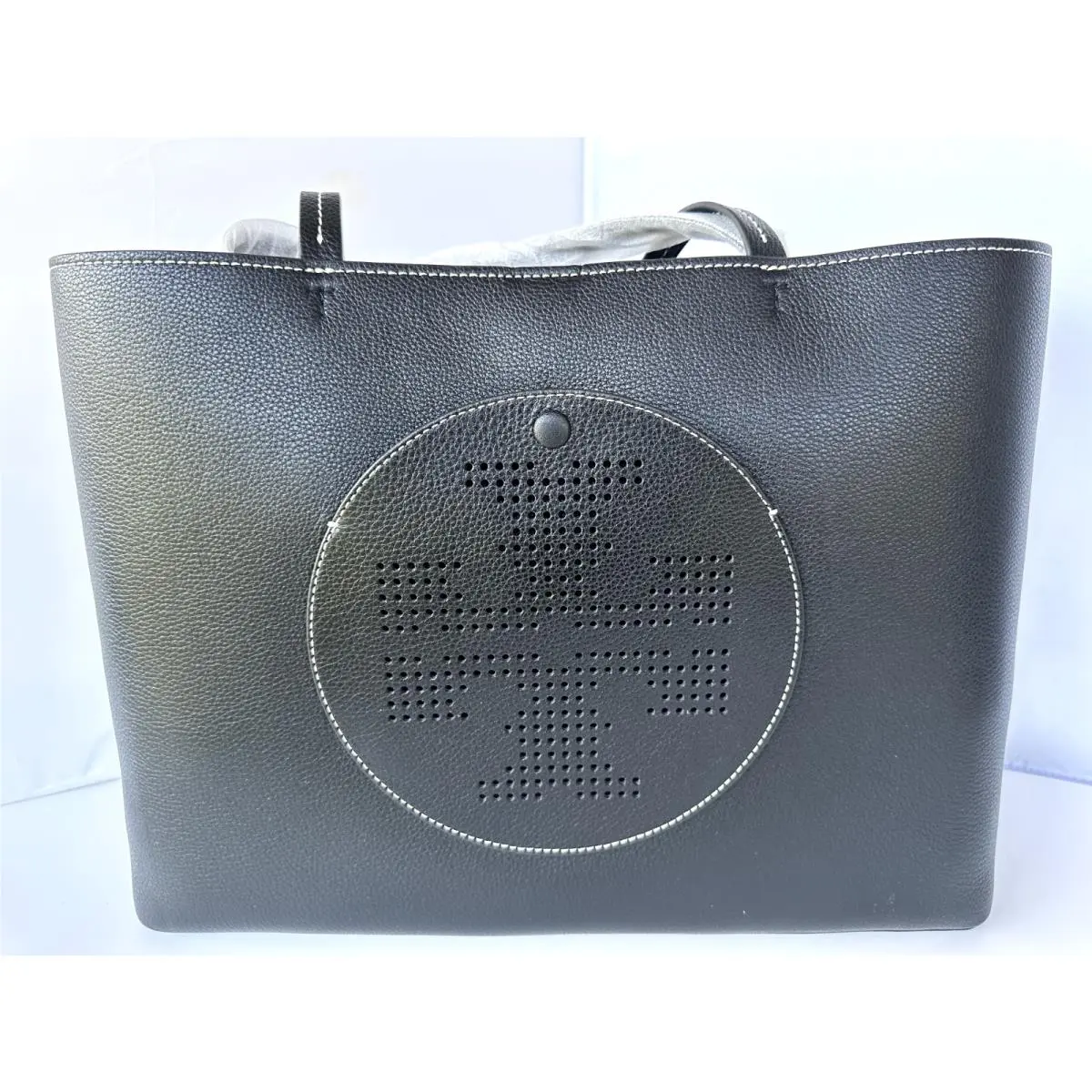 Tory Burch Women`s Perforated Logo Tote Black Bag Shoulder Handbag Leather