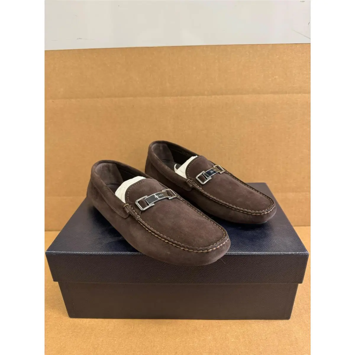 Prada Milano Suede Driving Loafers 2DD163 Dark Brown Mens Size 6.5 UK