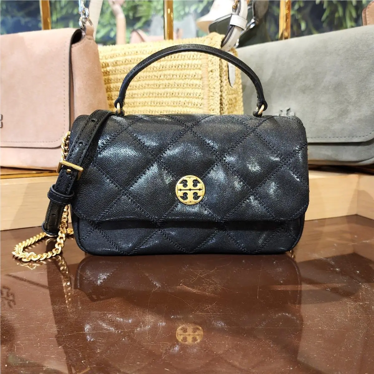 Tory Burch Willa Black Leather Top Handle Bag Crossbody Purse 167621