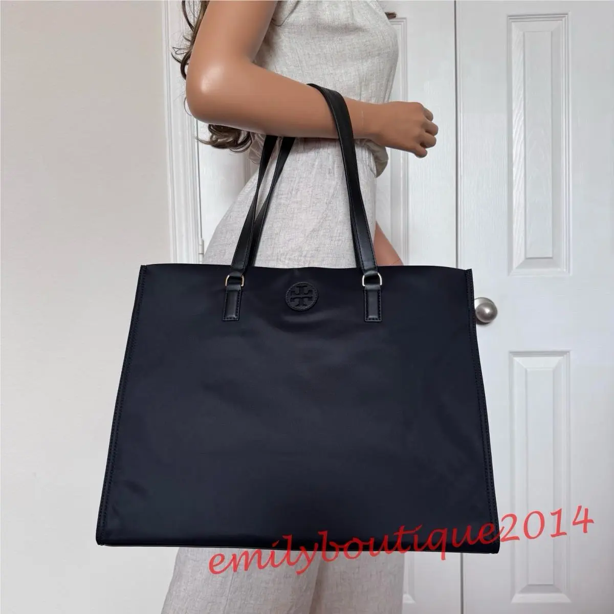 Tory Burch 136144 Nylon Ella Tote Black Large Bag Lightweight