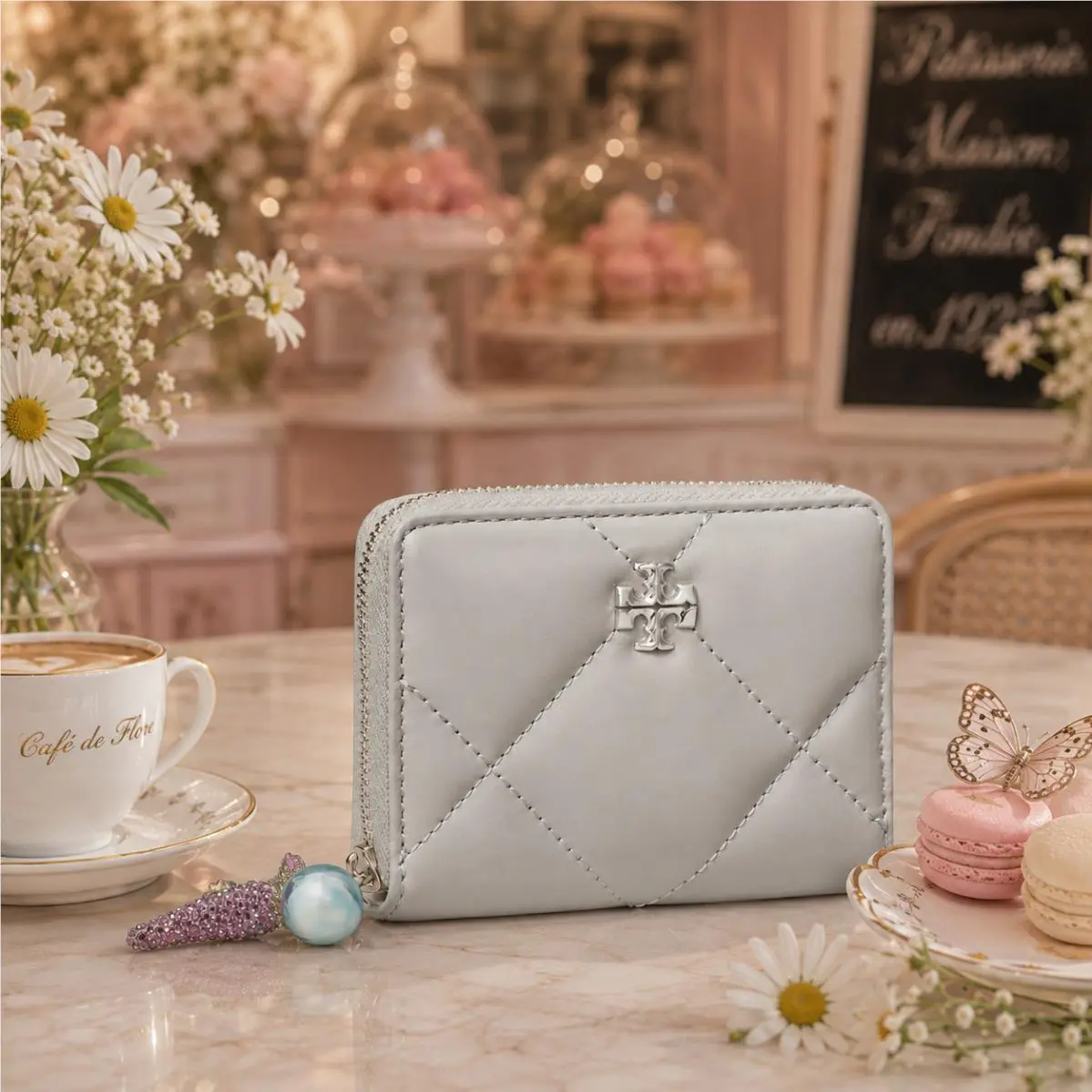 Tory Burch Kira Diamond Quilt Gray Leather Zip Around Charm Small Wallet